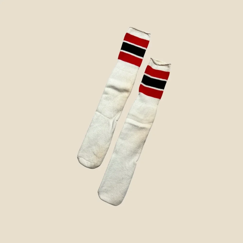 Vintage 70s Tube Socks White Red Black Striped Athletic Retro Knee High Sport